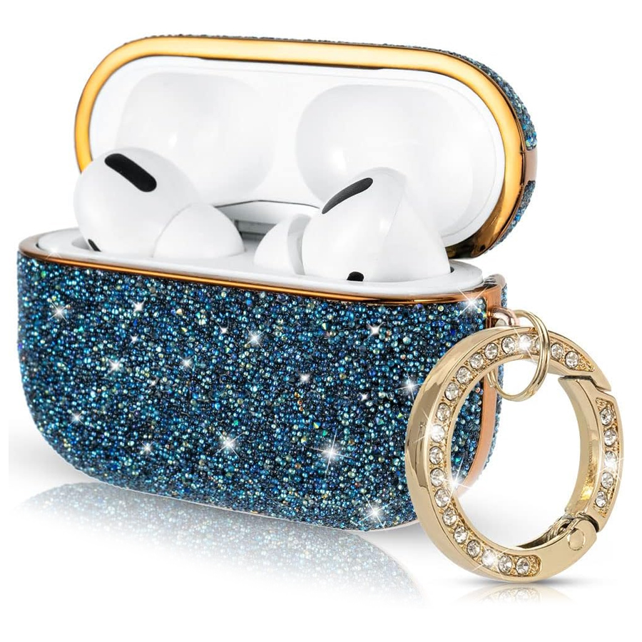 Чехол пластиковый Kingxbar со шнурком для Airpods Pro, синие стразы (35) фото