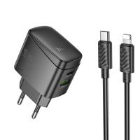 Сетевое зарядное устройство HOCO CS61A Bright 1xUSB + 1xUSB-C с Кабелем Type-C - Lightning, 3A, 30W, черный фото