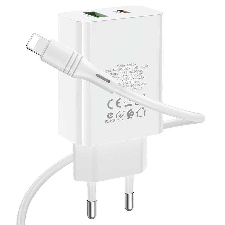 Сетевое зарядное устройство BOROFONE BA56A Lavida 1xUSB + 1xUSB-C с Кабелем Type-C - Lightning, 3.0A, 18W, белый фото