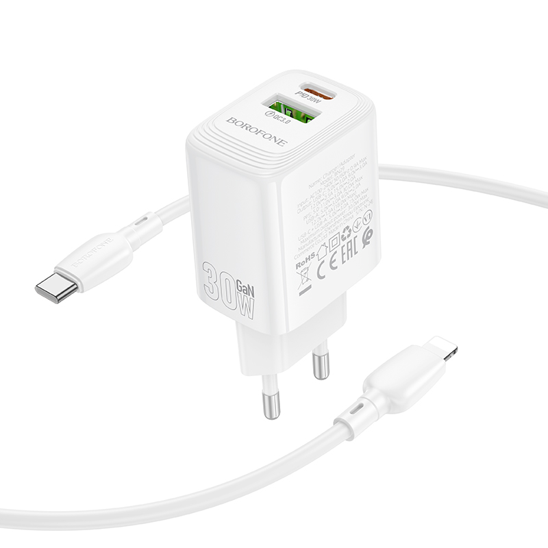 Сетевое зарядное устройство BOROFONE BN29 Fuente 1xUSB + 1xUSB-C с Кабелем Type-C - Lightning, 3A, 30W, белый фото