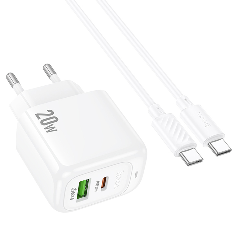 Сетевое зарядное устройство HOCO CS54A Surplus 1xUSB + 1xUSB-C с Кабелем Type-C - Type-C, 20W, белый фото