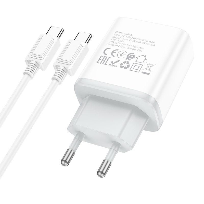 Сетевое зарядное устройство HOCO C104A Stage 1xUSB-C с Кабелем Type-C - Type-C, 20W, белый фото