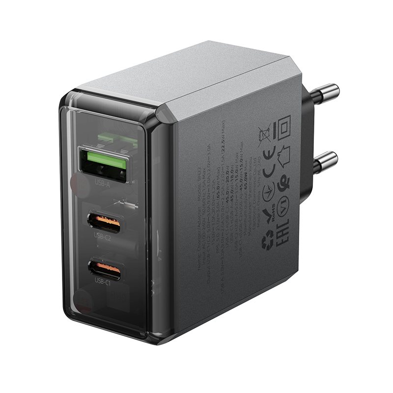 Сетевое зарядное устройство BOROFONE BN22 Lena 1xUSB + 2xUSB-C, 3A, 65W, серый металлик фото