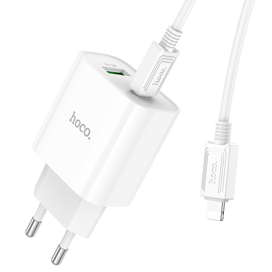 Сетевое зарядное устройство HOCO C80A Plus 1xUSB + 1xUSB-C с Кабелем Type-C - Lightning, 3.0A, 20W, белый фото