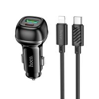 Автомобильное зарядное устройство HOCO Z58A Rank, 1xUSB + 1xUSB-C с Кабелем Type-C - Lightning, 48W, черный фото
