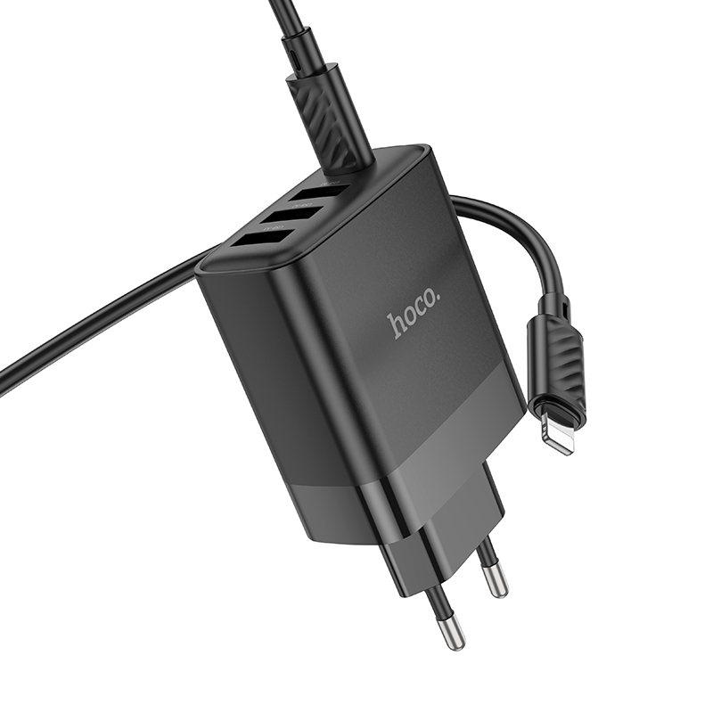 Сетевое зарядное устройство HOCO C127A Intelligent 3xUSB + 1xUSB-C с Кабелем Type-C - Lightning, 45W, черный фото