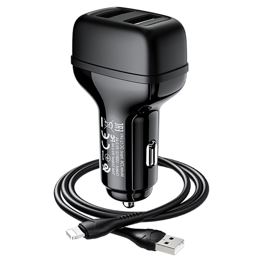 Автомобильное зарядное устройство HOCO Z36 Leader, 2xUSB с Кабелем USB - Lightning, 2.4A, черный фото