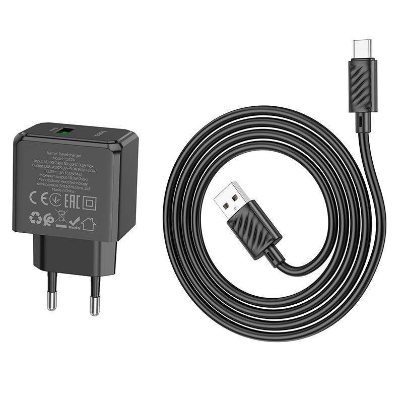 Сетевое зарядное устройство HOCO CS12A Ocean 1xUSB с Кабелем USB - Type-C, 18W, черный фото