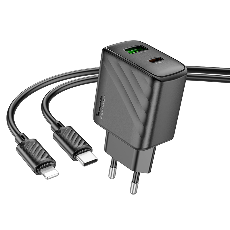 Сетевое зарядное устройство HOCO CS23A Sunlight 1xUSB + 1xUSB-C с Кабелем Type-C - Lightning, 3A, 30W, черный фото