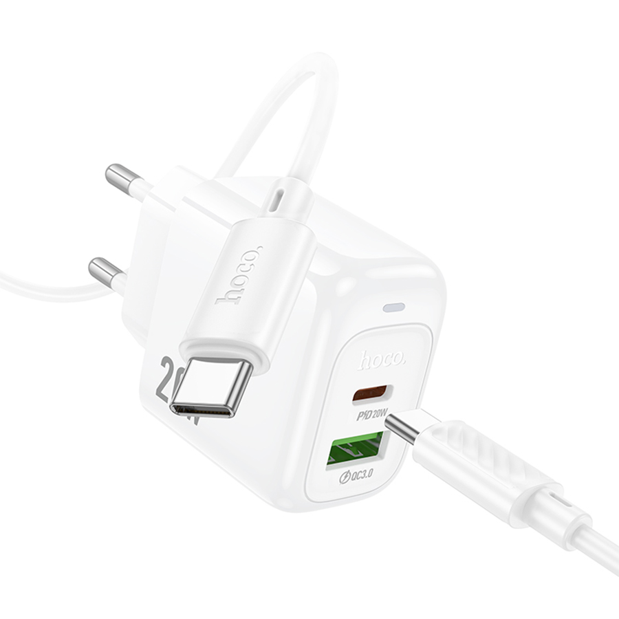 Сетевое зарядное устройство HOCO CS54A Surplus 1xUSB + 1xUSB-C с Кабелем Type-C - Type-C, 20W, белый фото