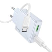 Сетевое зарядное устройство HOCO C142A Direct 1xUSB + 1xUSB-C с Кабелем Type-C - Type-C, 3A, 20W, синий фото