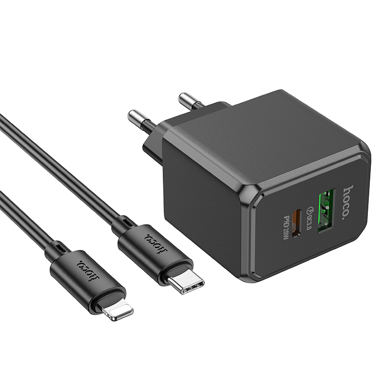 Сетевое зарядное устройство HOCO CS14A Ocean 1xUSB + 1xUSB-C с Кабелем Type-C - Lightning, 3A, 20W, черный фото