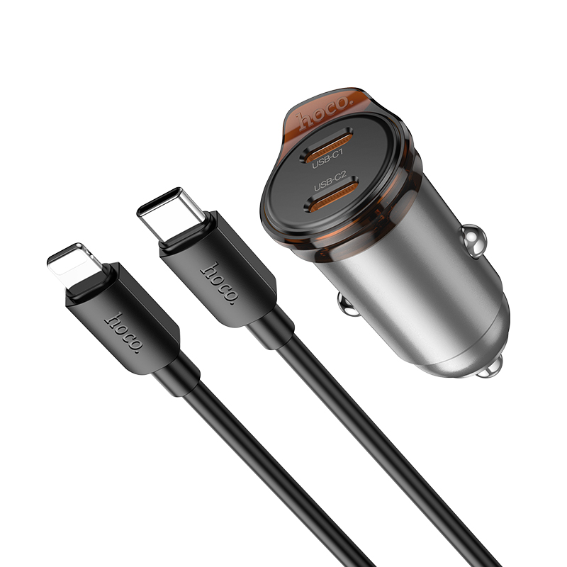 Автомобильное зарядное устройство HOCO NZ16 Rigorous, 1xUSB-C с Кабелем Type-C - Lightning, 30W, серый металлик фото