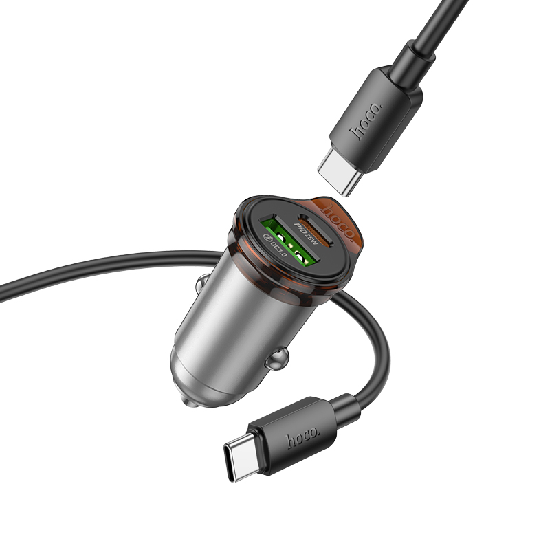 Автомобильное зарядное устройство HOCO NZ16A Rigorous, 1xUSB + 1xUSB-C с Кабелем Type-C - Type-C, 43W, серый металлик фото