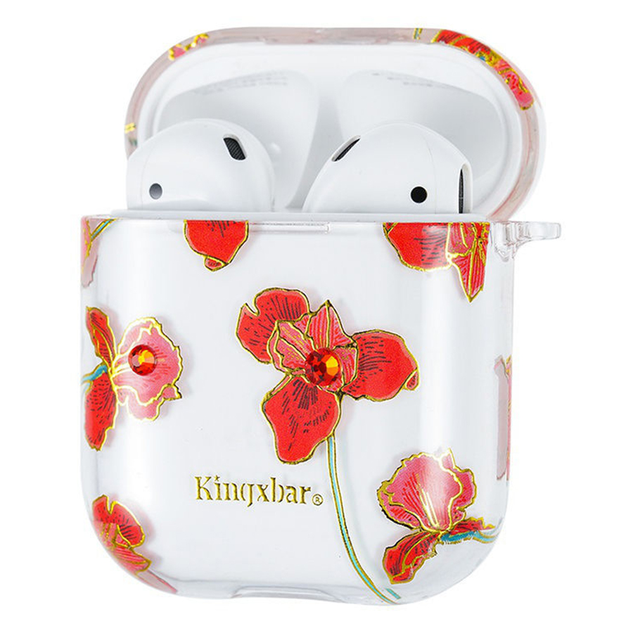 Чехол пластиковый Kingxbar со шнурком для Airpods 2, прозрачный, розы (19) фото