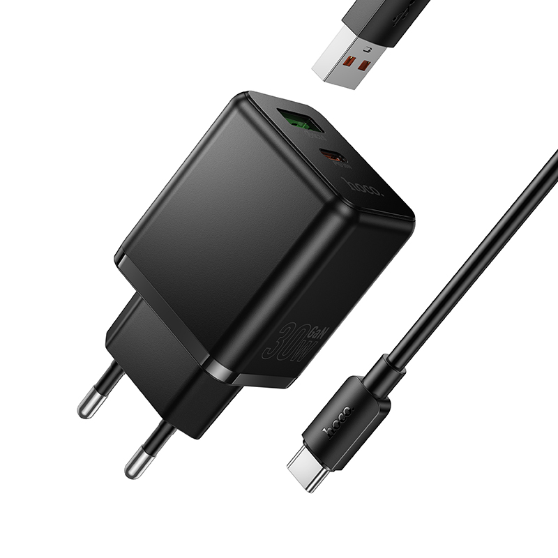 Сетевое зарядное устройство HOCO C157A Smart 1xUSB + 1xUSB-C с Кабелем USB - Type-C, 3A, 30W, черный фото