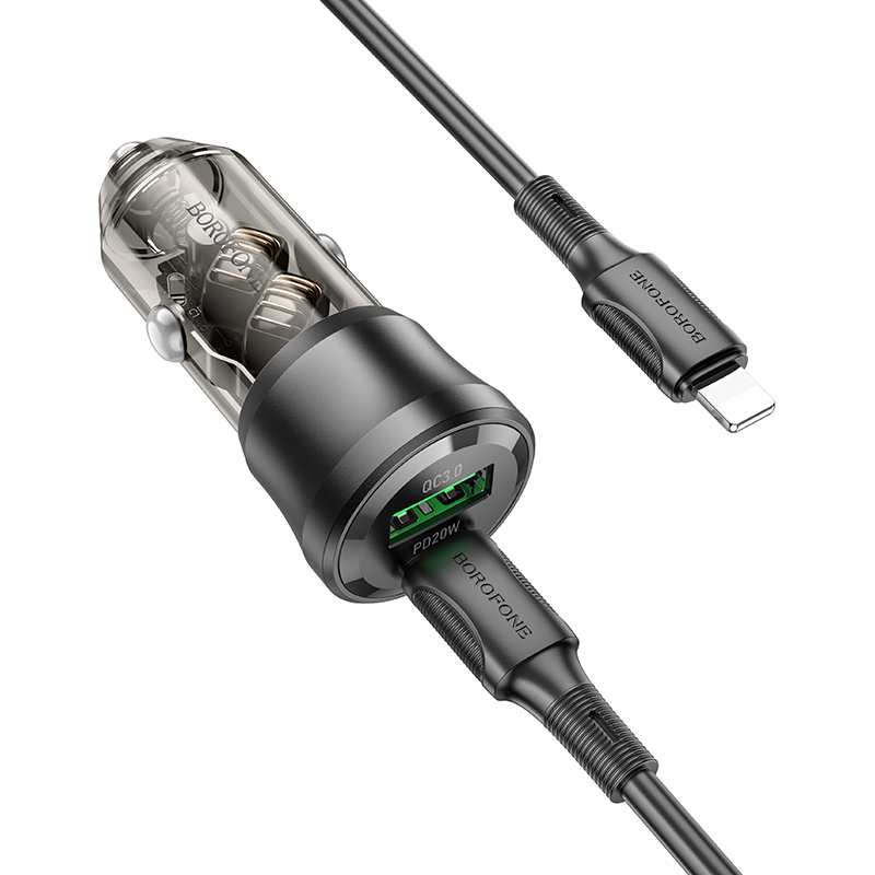 Автомобильное зарядное устройство BOROFONE BZ25 Journey, 1xUSB + 1xUSB-C с Кабелем Type-C - Lightning, 38W, прозрачный черный фото