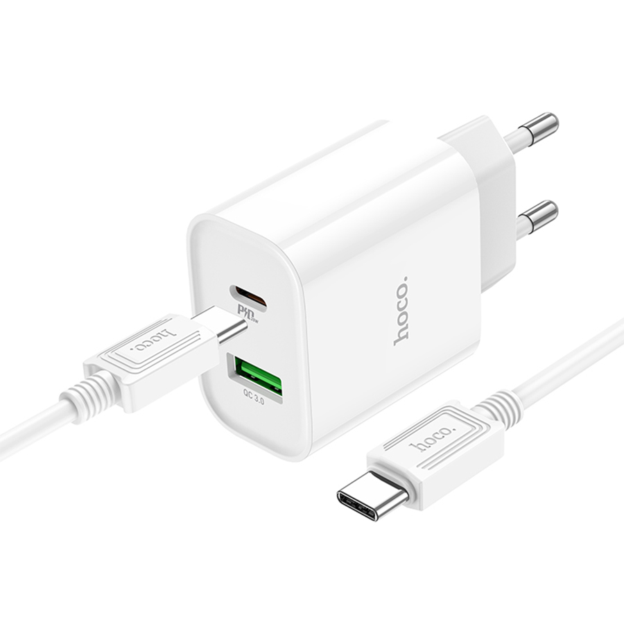 Сетевое зарядное устройство HOCO C80A Plus 1xUSB + 1xUSB-C с Кабелем Type-C - Type-C, 3.1A, 20W, белый фото