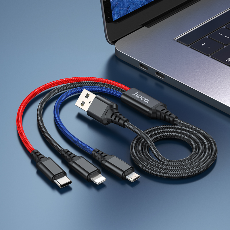 Кабель USB HOCO X76 3 в 1 USB - Type-C + Lightning + MicroUSB, 2А, 1 м, черный+красный+синий фото