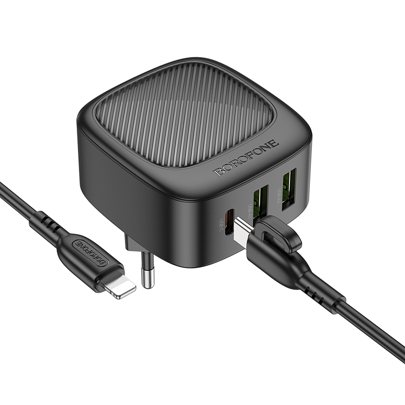 Сетевое зарядное устройство BOROFONE BAS23A Lucky 1xUSB + 2xUSB-C с Кабелем Type-C - Lightning, 3A, 30W, черный фото