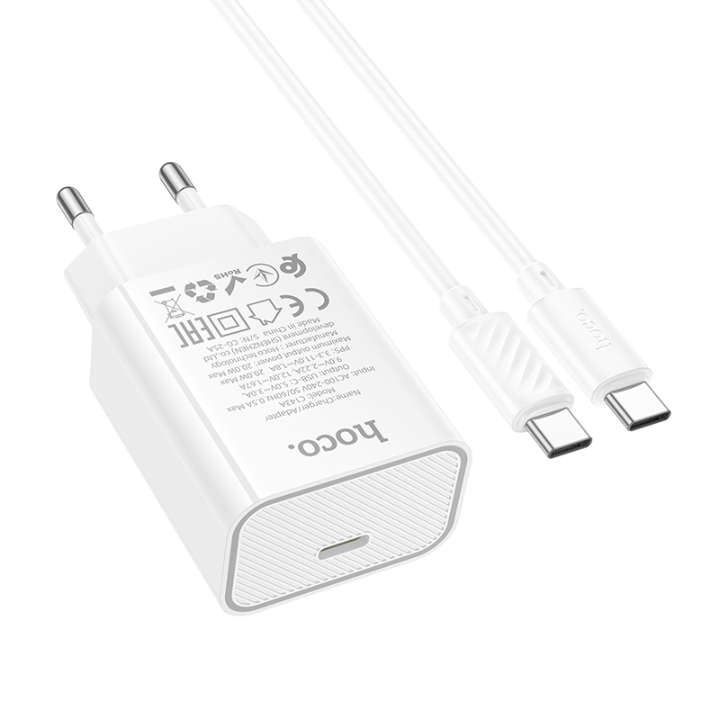 Сетевое зарядное устройство HOCO C143A Benefit 1xUSB-C с Кабелем Type-C - Type-C, 20W, белый фото