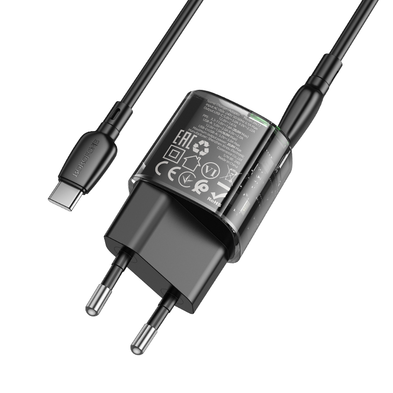 Сетевое зарядное устройство BOROFONE BN17 Sunlight 1xUSB + 1xUSB-C с Кабелем Type-C - Type-C, 3A, 20W, прозрачный черный фото
