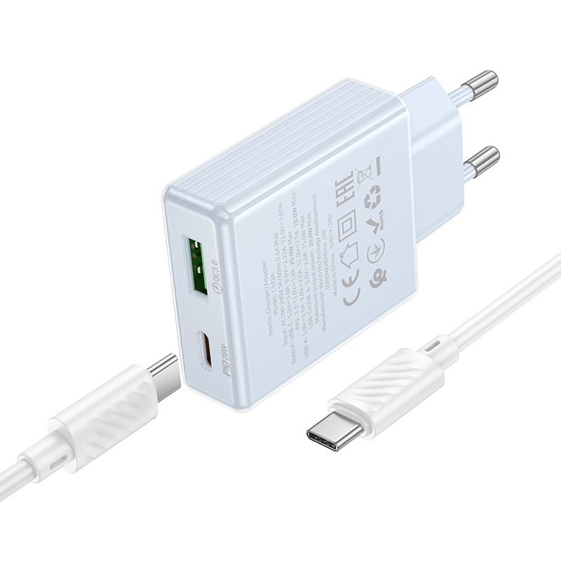 Сетевое зарядное устройство HOCO C142A Direct 1xUSB + 1xUSB-C с Кабелем Type-C - Type-C, 3A, 20W, синий фото
