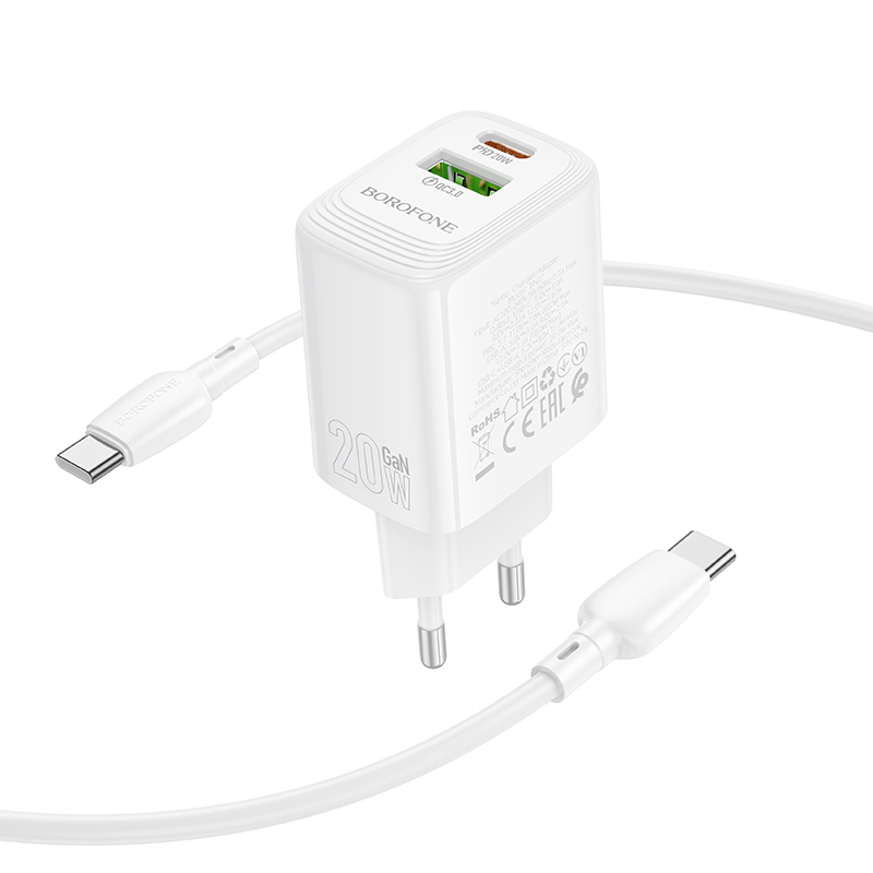 Сетевое зарядное устройство BOROFONE BN27 Fuente 1xUSB + 1xUSB-C с Кабелем Type-C - Type-C, 3A, 20W, белый фото