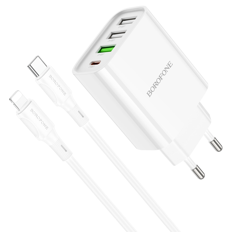 Сетевое зарядное устройство BOROFONE BA79A Clever 3xUSB + 1xUSB-C с Кабелем Type-C - Lightning, 20W, белый фото