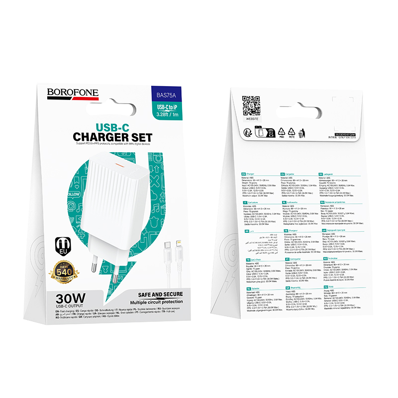 Сетевое зарядное устройство BOROFONE BAS75A Source 1xUSB-C с Кабелем Type-C - Lightning, 30W, белый фото