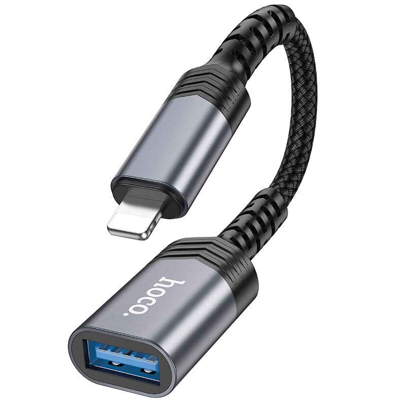 Переходник/Адаптер HOCO UA24 Lightning (m) - USB (f), 16.5 см, серый металлик фото