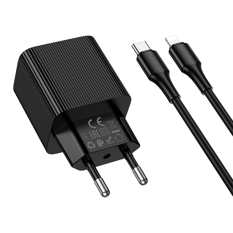 Сетевое зарядное устройство HOCO CS83A Excellent 1xUSB + 1xUSB-C с Кабелем Type-C - Lightning, 3A, 20W, черный фото