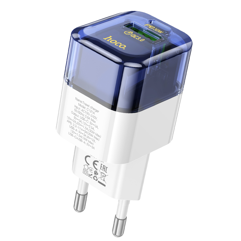 Сетевое зарядное устройство HOCO C131A Platinum 1xUSB + 1xUSB-C, 3A, 30W, прозрачный синий фото