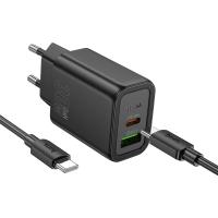 Сетевое зарядное устройство HOCO N63 Gentle 1xUSB + 1xUSB-C с Кабелем Type-C - Type-C, 3A, 30W, черный фото