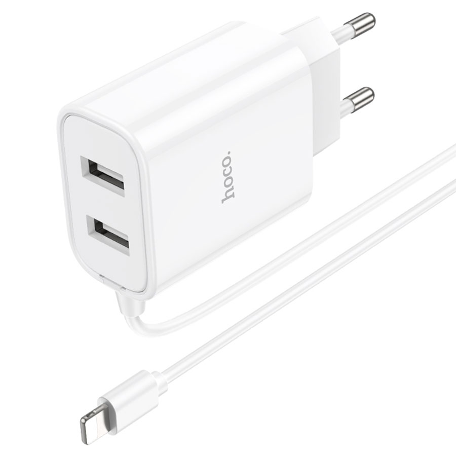 Сетевое зарядное устройство HOCO C103A Courser 2xUSB с Кабелем Lightning, 2.1A, 10.5W, белый фото