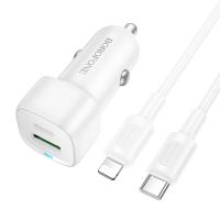 Автомобильное зарядное устройство BOROFONE BZ34B Cloud, 1xUSB + 1xUSB-C с Кабелем Type-C - Lightning, 38W, белый фото