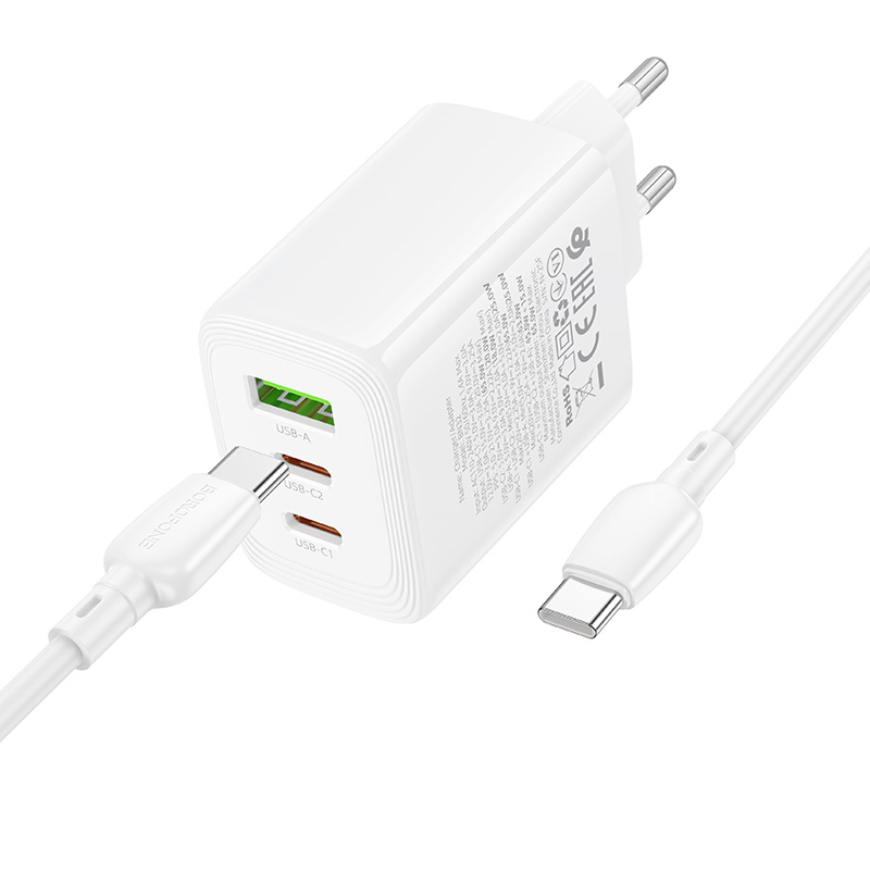 Сетевое зарядное устройство BOROFONE BN32 Cargador 1xUSB + 2xUSB-C с Кабелем Type-C - Type-C, 65W, белый фото