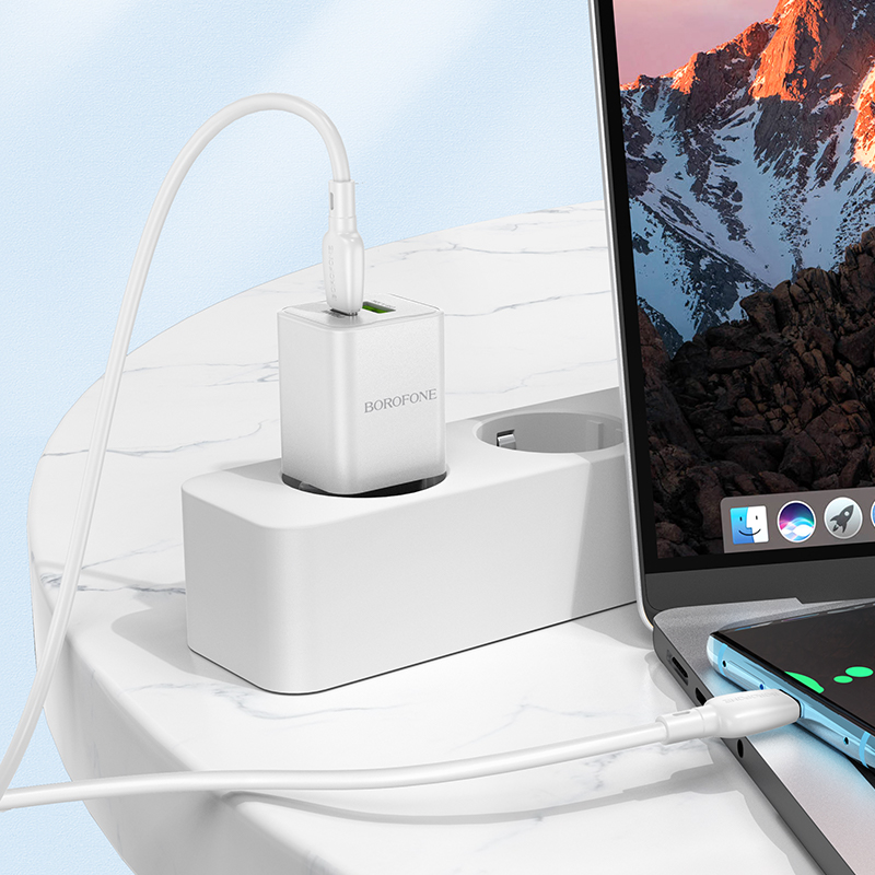 Сетевое зарядное устройство BOROFONE BN14 Royal 1xUSB + 1xUSB-C с Кабелем Type-C - Type-C, 3A, 30W, белый фото