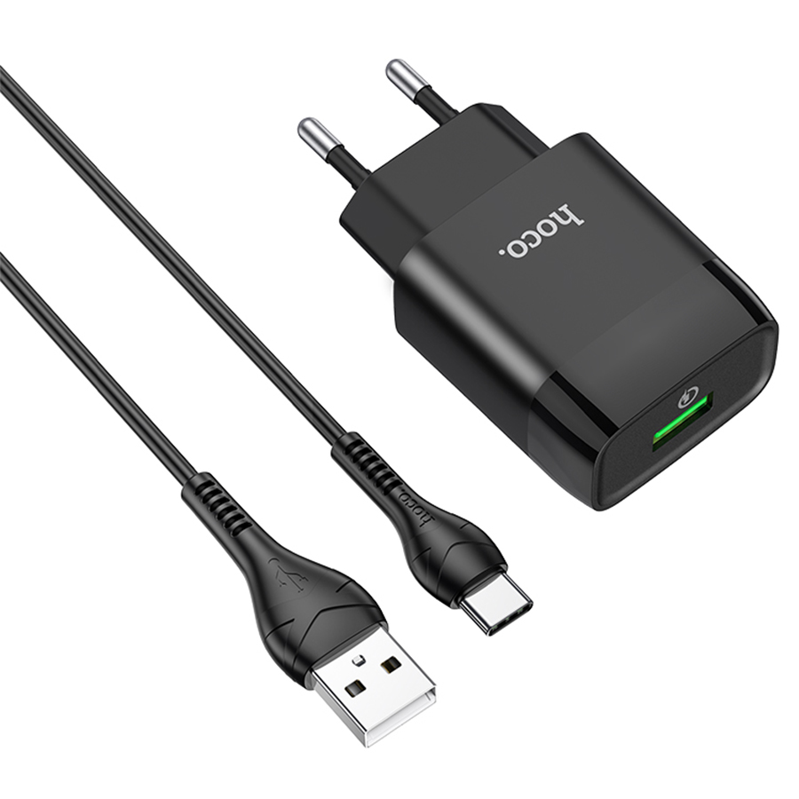 Сетевое зарядное устройство HOCO C72Q Glorious 1xUSB с Кабелем USB - Type-C, 3.0A, 18W, черный фото