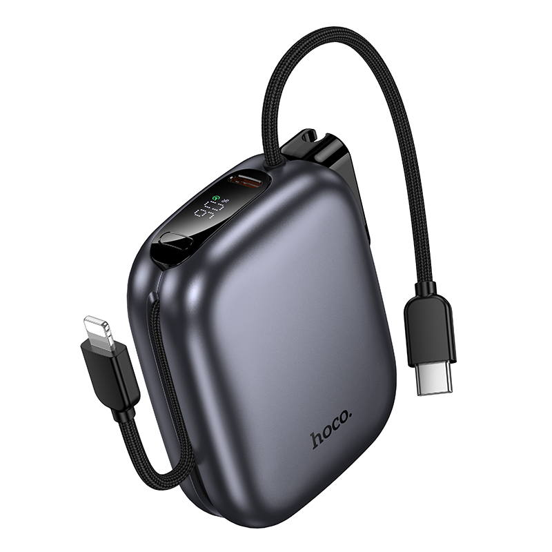 Портативный аккумулятор HOCO Q49 Peak, встроенный кабель Lightning + Type-C, 20W, 10000 мА⋅ч, серый металлик фото