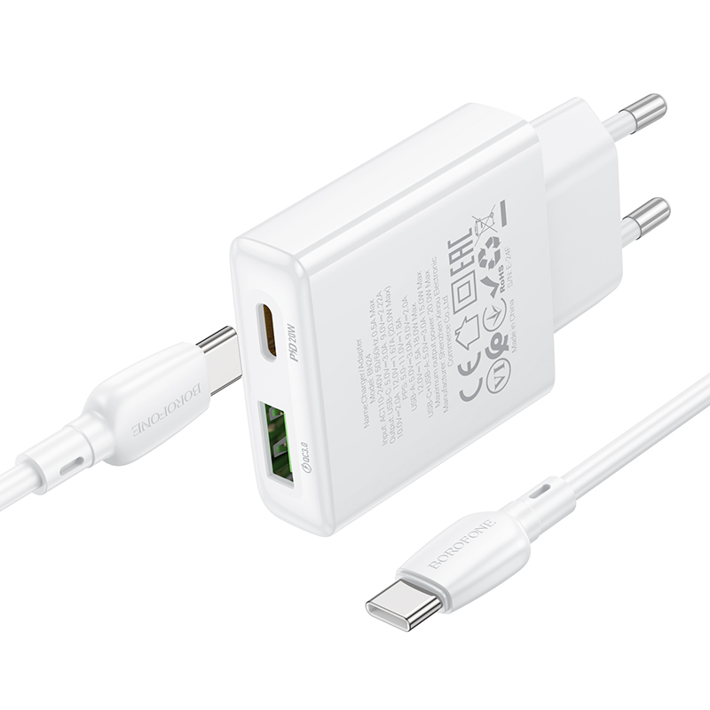 Сетевое зарядное устройство BOROFONE BN24 Wish 1xUSB + 1xUSB-C с Кабелем Type-C - Type-C, 3A, 20W, белый фото