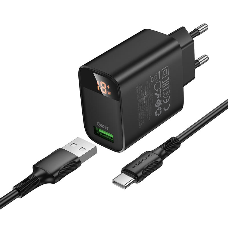 Сетевое зарядное устройство BOROFONE BA95A Ilustre  1xUSB с Кабелем USB - Type-C, 18W, черный фото