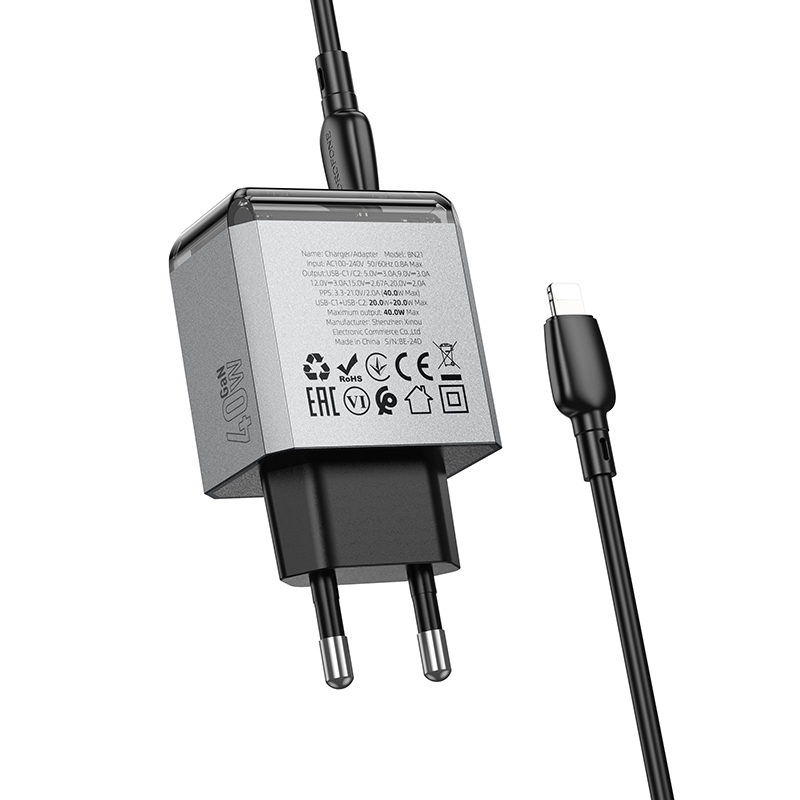 Сетевое зарядное устройство BOROFONE BN21 Lena 2xUSB-C с Кабелем Type-C - Lightning, 40W, серый металлик фото