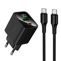 Сетевое зарядное устройство HOCO CS84A Excellent 1xUSB + 1xUSB-C с Кабелем Type-C - Type-C, 3A, 30W, черный фото