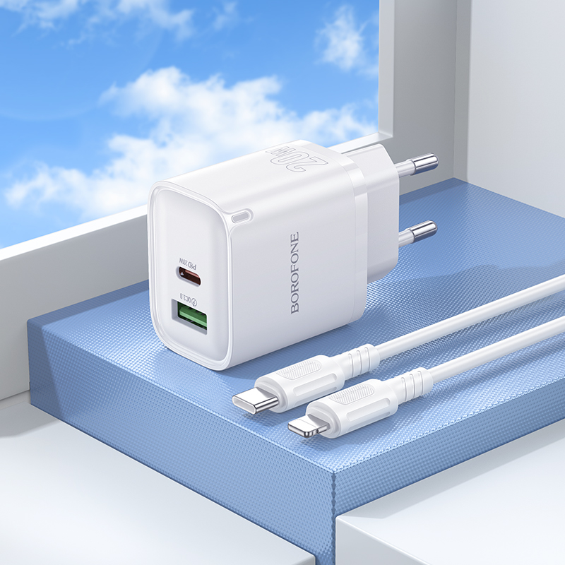 Сетевое зарядное устройство BOROFONE BA83A Flare star 1xUSB + 1xUSB-C с Кабелем Type-C - Lightning, 3A, 20W, белый фото