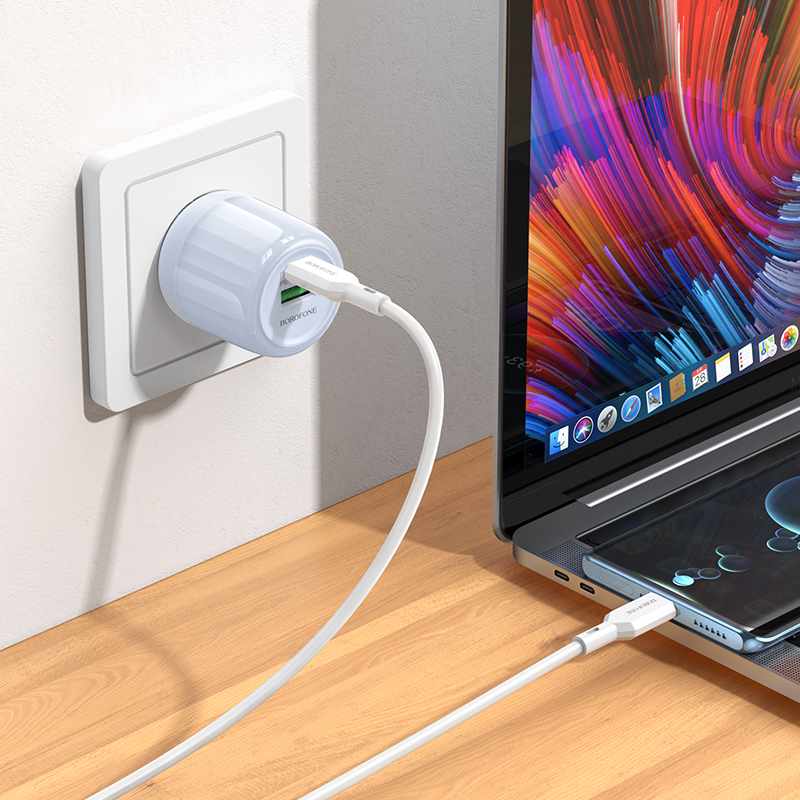 Сетевое зарядное устройство BOROFONE BA94A Lustrous 1xUSB + 1xUSB-C с Кабелем Type-C - Type-C, 3A, 30W, синий фото