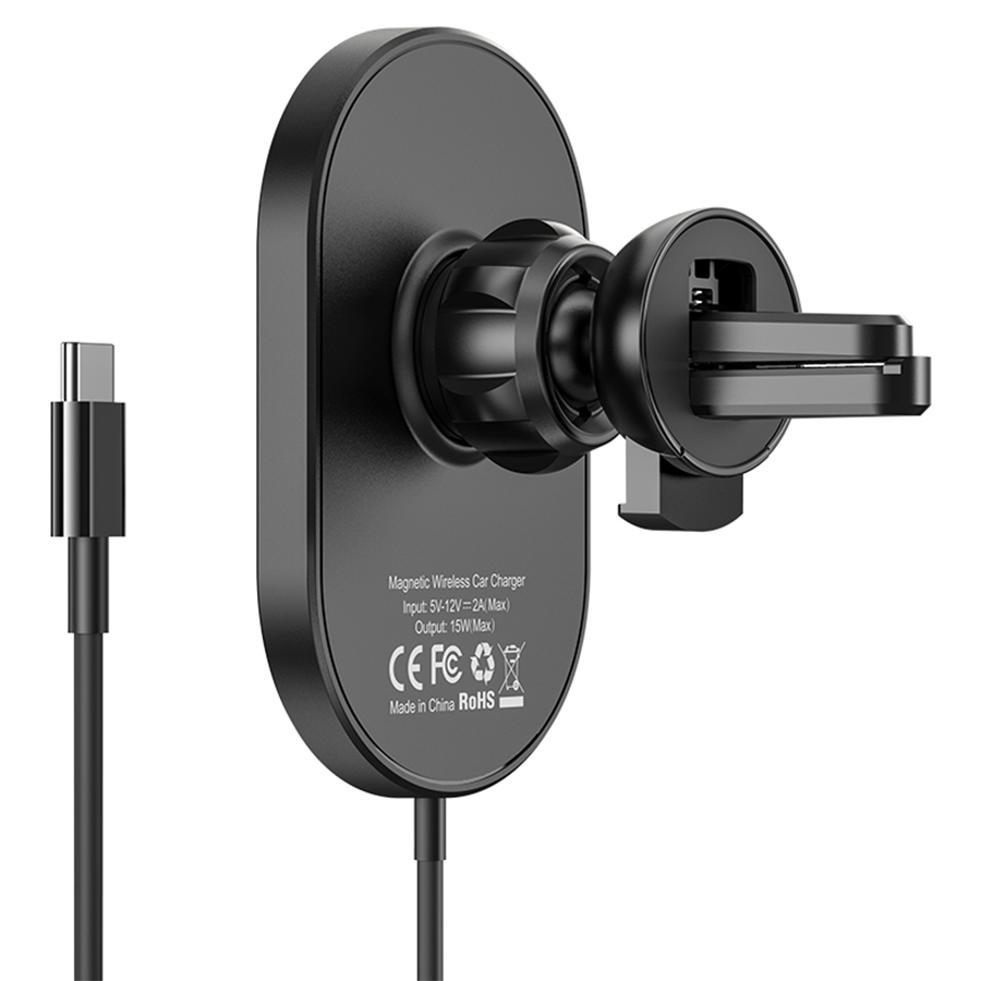 Автомобильный держатель HOCO CA90 Powerful magnetic, магнитный с беспроводной зарядкой, 15W, на воздуховод, черный фото