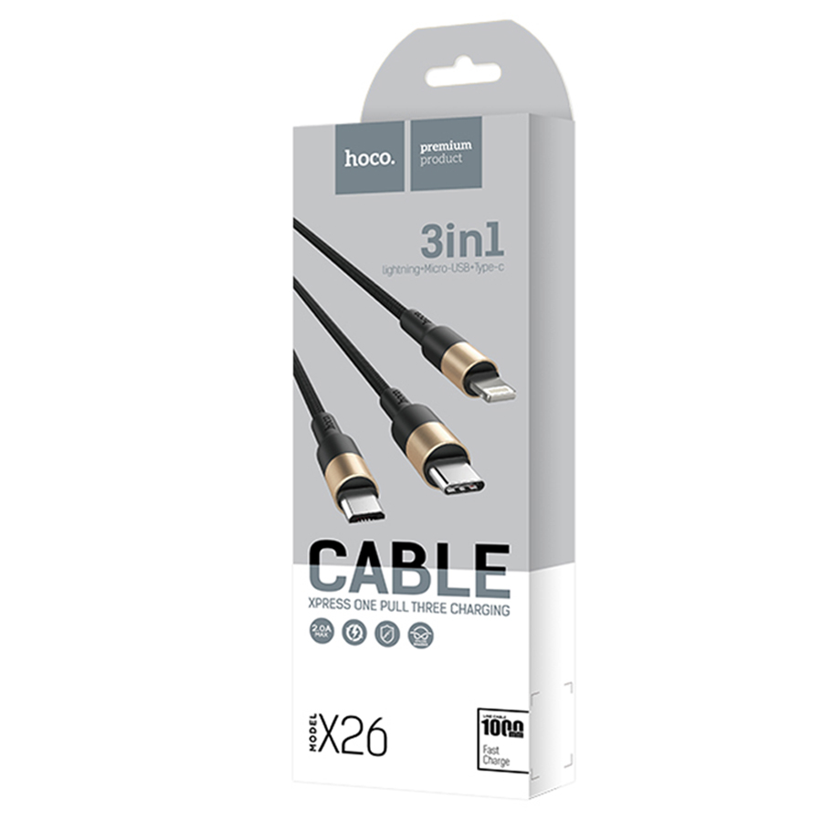 Кабель USB HOCO X26 Xpress 3 в 1 USB - Type-C + Lightning + MicroUSB, 2А, 1 м, черный+золотой фото
