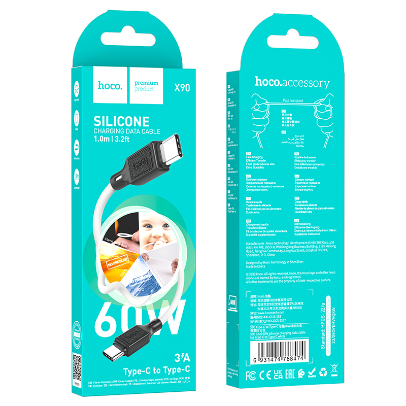 Кабель USB-C HOCO X90 Cool Type-C - Type-C, 3A, 60W, 1 м, белый фото