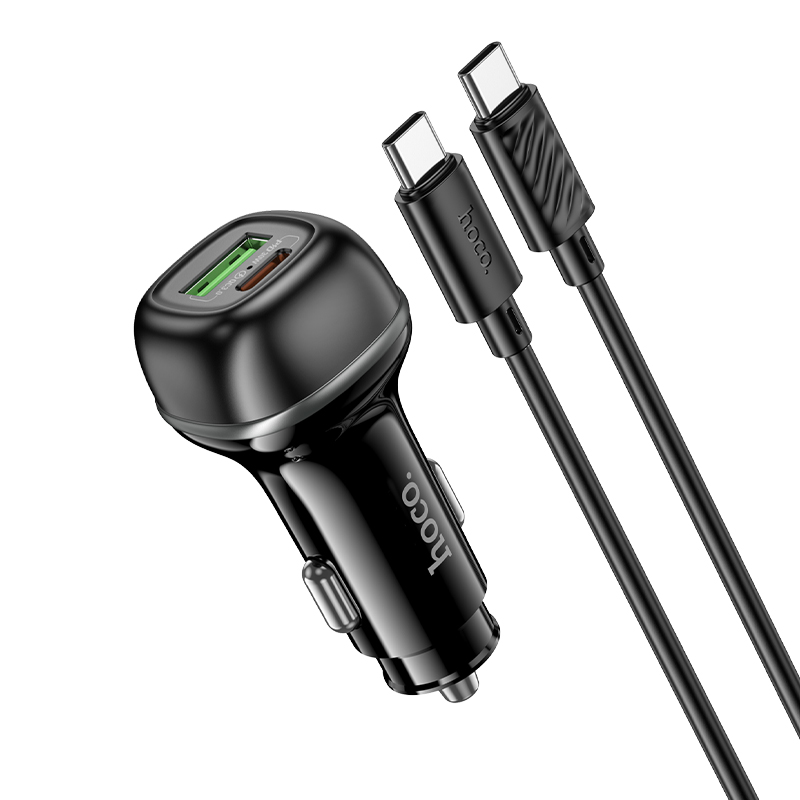 Автомобильное зарядное устройство HOCO Z58A Rank, 1xUSB + 1xUSB-C с Кабелем Type-C - Type-C, 48W, черный фото